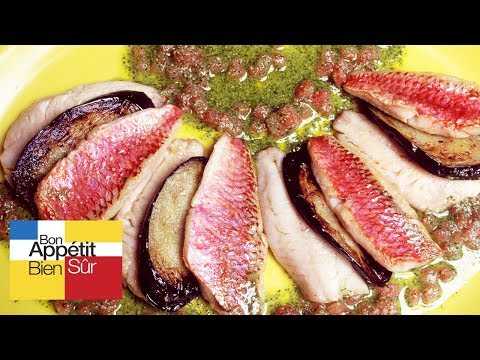 Filets de rougets sautés avec un gâteau d'aubergine