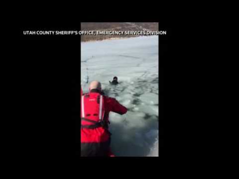 Air boat rescues dog from frozen lake in Utah
