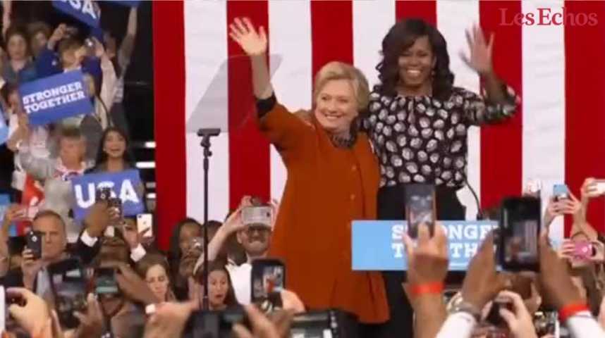Illustration pour la vidéo Michelle Obama et Hillary Clinton s'affichent unies contre Donald Trump