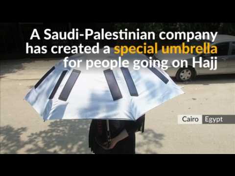 For Muslim pilgrims, solar-powered umbrella offers cool respite