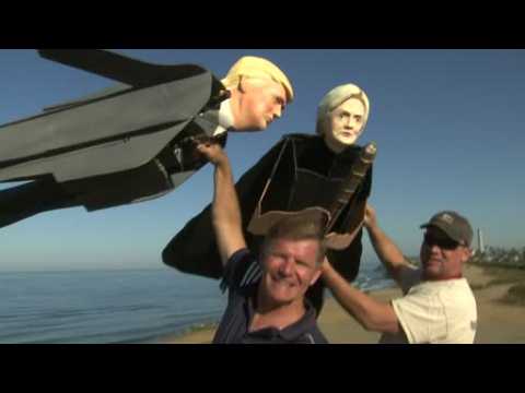 Clinton, Trump replicas fly over California beach