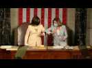 Vice President Kamala Harris greets Speaker Pelosi with an elbow bump