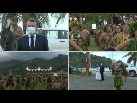 Traditional dance at welcome ceremony for Macron in Hiva Oa