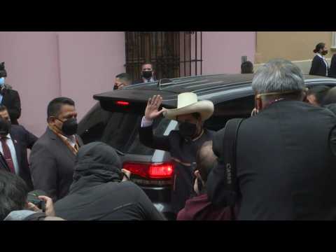 Pedro Castillo arrives at Peru's Foreign Ministry before being sworn in as president