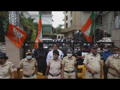 Shiv Sena workers protest outside residence of Union Minister Narayan Rane in Mumbai