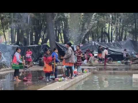 Displaced indigenous people camp in Bogotá park