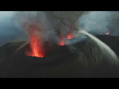 Aerial images of lava spewing from Cumbre Vieja volcano