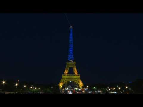 Eiffel Tower lit up in Ukraine's colors