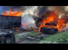 Railroad car engulfed in flames after shelling in Lyman, Ukraine - Label : AFPTV - First images - Category : News