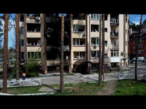 Drone images show damaged residential complex in Ukrainian town of Irpin