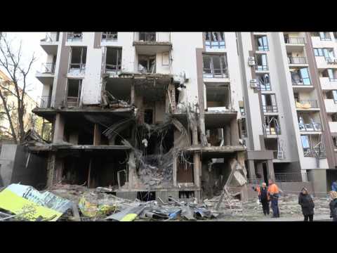 Damaged Kyiv buildings after overnight strikes during UN chief visit