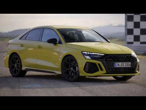 The new Audi RS 3 Sedan Python yellow launch on the race track