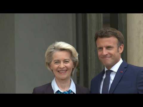 French President Emmanuel Macron welcomes Ursula Von Der Leyen at the Elysee Palace