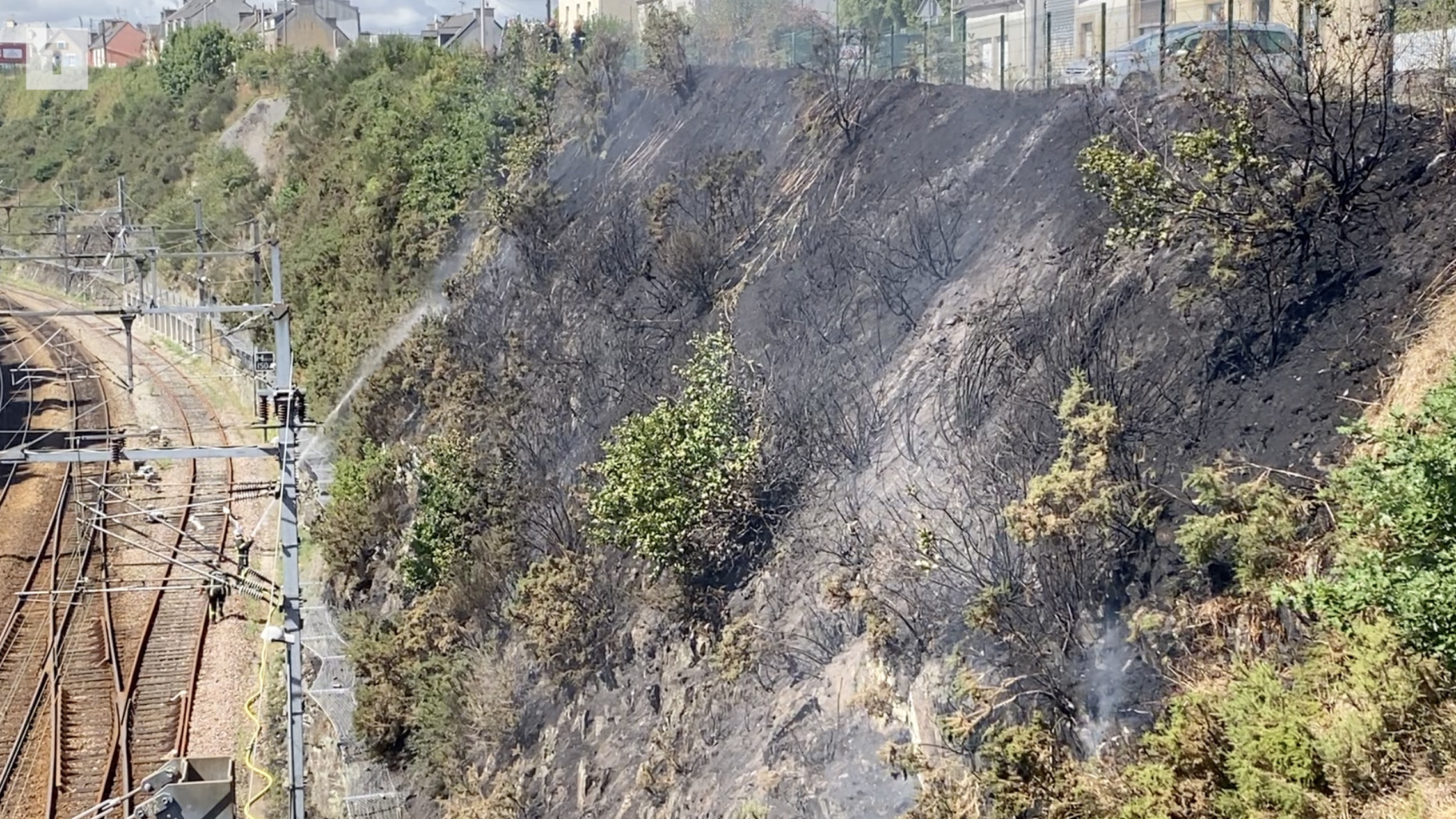 Près de la gare de Morlaix, un incendie brûle 1 500 m² de végétation à flanc de falaise (Le Télégramme)