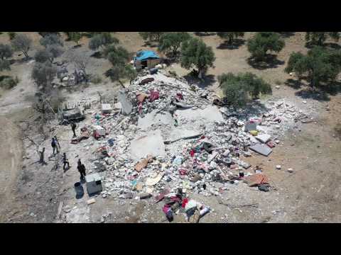 AERIAL SHOTS of ravaged remains of house destroyed by Russian air strike in Syria's Idlib