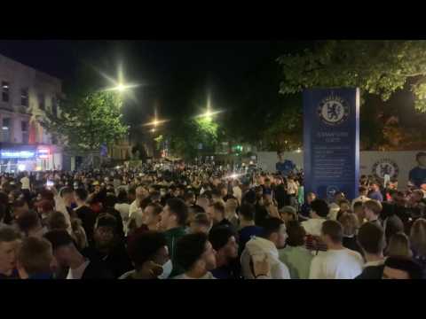 Chelsea fans celebrate Champions League victory near Stamford Bridge