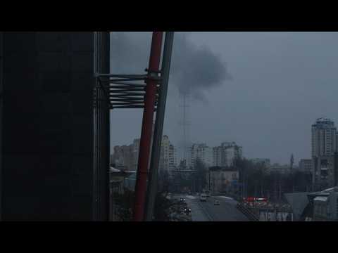 Smoke billows after Russian airstrike targets Kyiv TV tower