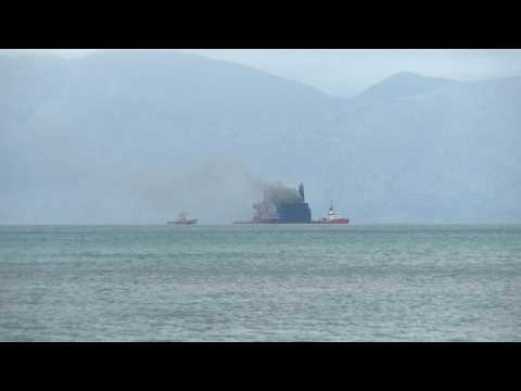 Ferry fire burns on off the coast of Greece