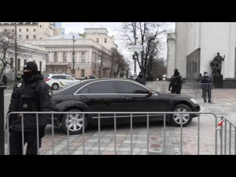 French President Macron's car arrives ahead of talks with Ukraine's Zelensky