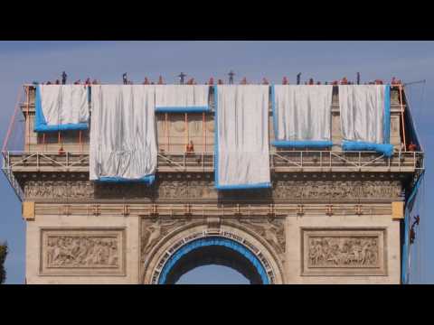 Works to wrap Paris' Arc de Triomphe in fabric for Christo art installation continue