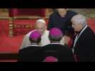 Pope Francis greets bishops, priests at the Cathedral of Saint Martin in Bratislava