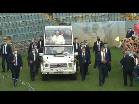 Pope Francis arrives at Kosice's stadium to meet young people