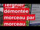 À Tergnier, la passerelle SNCF est démontée morceau par morceau en commençant par les rampes d'accès