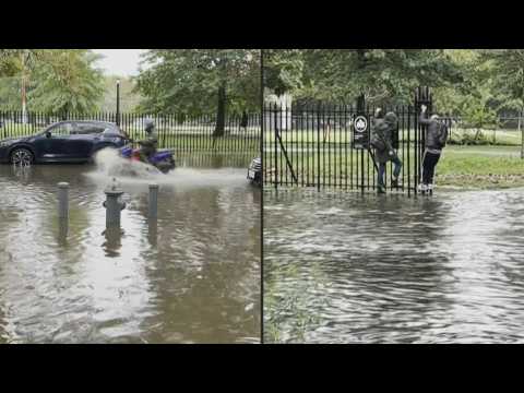 Images of flooded road in Brooklyn, New York, after heavy rains