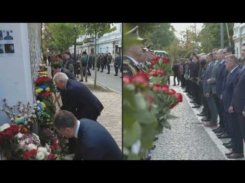 EU foreign ministers attend flower laying ceremony at Kyiv's Wall of Remembrance