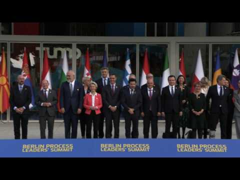EU officials take group photo at the Berlin Process Leaders Summit in Tirana