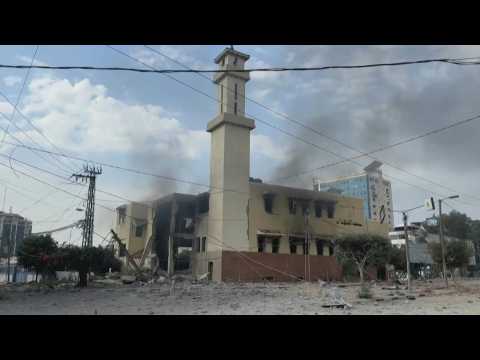 Smoke rises from mosque in deserted central Gaza City