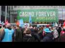 Employees protesting potential dismantling at French Food retailer Casino's HQ