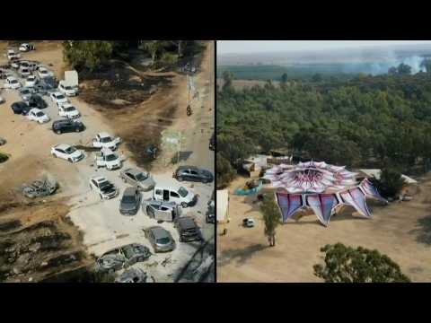 AERIAL SHOTS of aftermath of Hamas attack on Israeli music festival