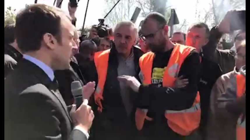 Illustration pour la vidéo Le face à face courageux entre Emmanuel Macron et les employés de Whirlpool