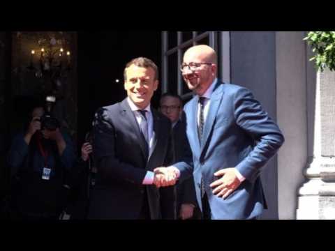 Emmanuel Macron welcomed by Belgian PM Michel in Brussels