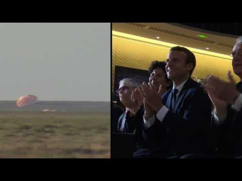 Emmanuel Macron watches French astronaut land in Kazakhstan