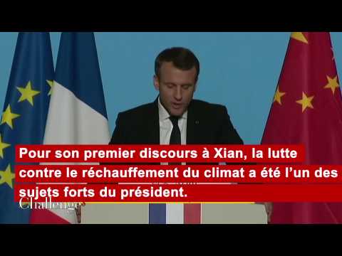 En Chine, Emmanuel Macron reprend son slogan "Make our planet great again" en mandarin.