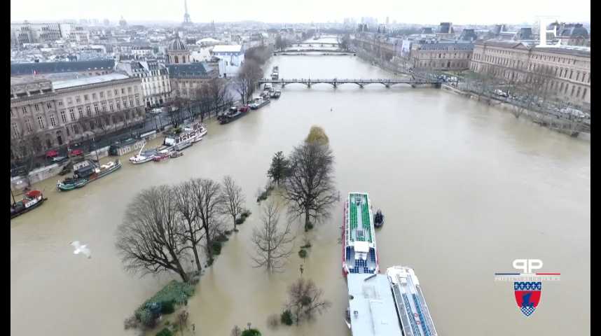 Illustration pour la vidéo Crue de la Seine : des images spectaculaires prises d'un drone