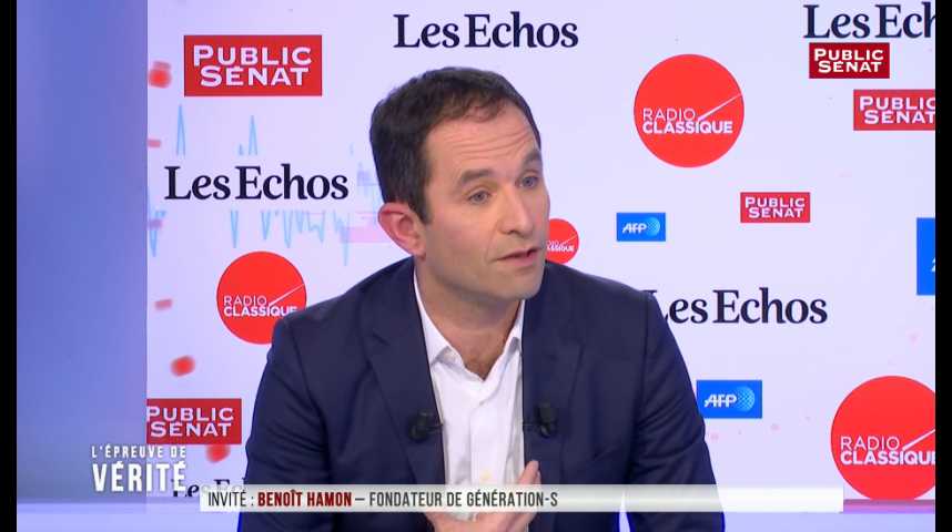 Illustration pour la vidéo Benoît Hamon: "Ce que Macron fait sur les migrants est comparable à la déchéance de nationalité"