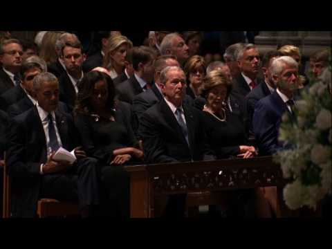 Obamas, Bushs arrive for McCain memorial at DC Cathedral