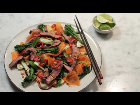 Asian seared beef with rainbow stir fry
