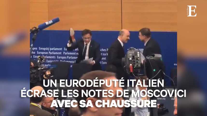 Illustration pour la vidéo Budget italien rejeté : un eurodéputé écrase les notes de Moscovici avec sa chaussure
