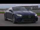Mercedes AMG GT 63 S 4MATIC+ Driving on the track in Brilliant blue