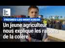 Cillian, 16 ans, explique la crise des agriculteurs devant le péage de l'A1 à Fresnes