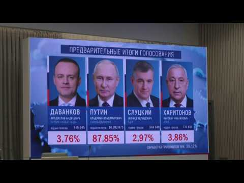 Screen shows Putin expected to get 87.85% of vote in Russian election