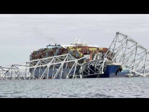 Images of collapsed Baltimore bridge and container ship