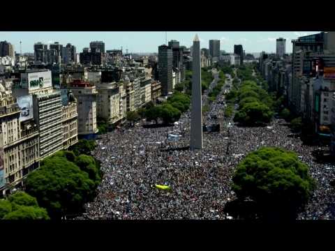 AERIAL SHOTS of Argentina fans awaiting players in central Buenos Aires