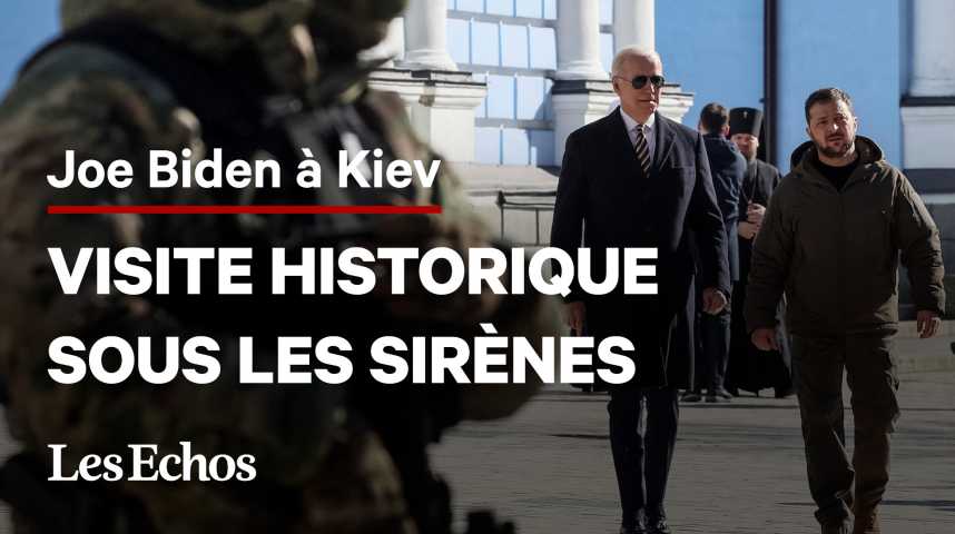 Illustration pour la vidéo Sous les sirènes d'alerte antiaérienne, Joe Biden effectue une visite historique à Kiev