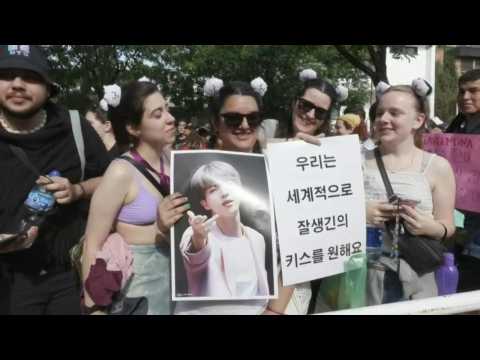 Fan of K-pop star Jin wait outside Buenos Aires stadium before concert