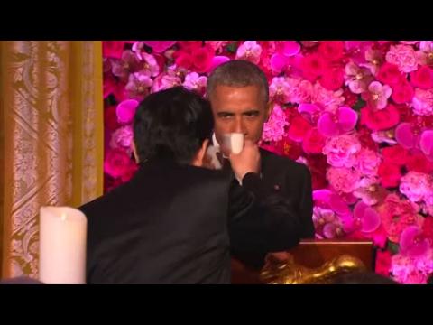 A sake toast for Japanese PM Abe at U.S. State Dinner
